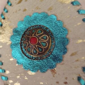 handmade, leather bag inlaid with stones and metal, unique European handwork